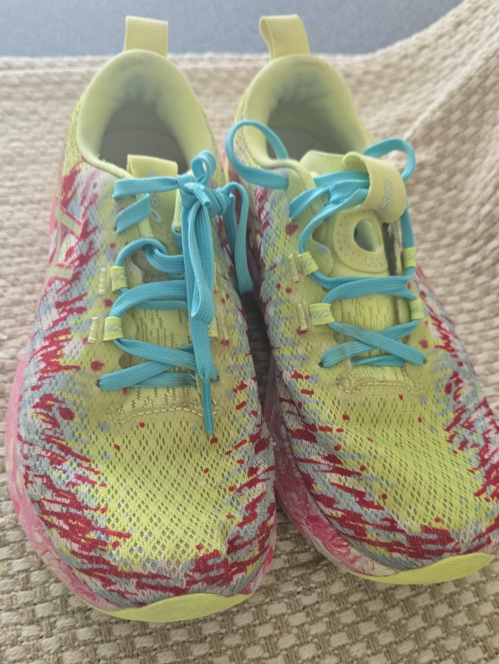 Asics Lime Yellow Athletic Shoes with Aqua Laces and Pink Accents